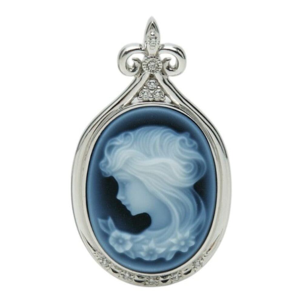 K18WG White Gold Agate Cameo 15x19.8mm Diamond 0.06ct Pendant Top Necklace